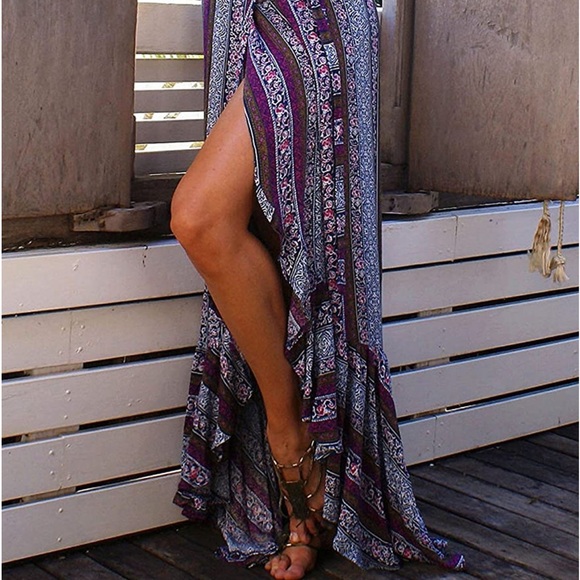 BOHO Womens Summer Long SLEEVE FLIRTY Sexy WRAP Maxi Dress *NEW* - Picture 6 of 10